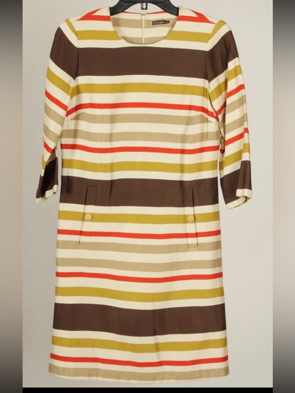 J. McLaughlin Dress Women’s 2 Brown Yellow White A Line Pockets 3/4 Sleeve Retro